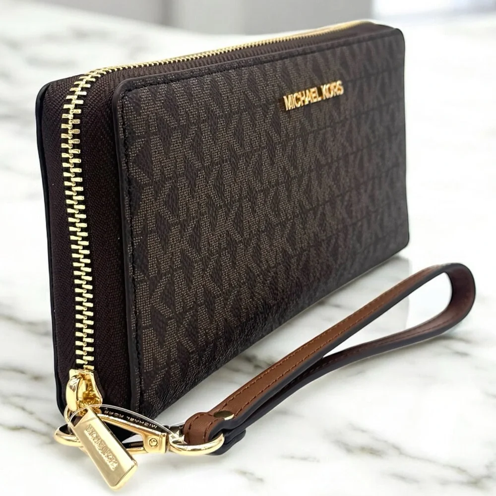 Michael Kors Large Continental Wallet Wristlet Brown Signature